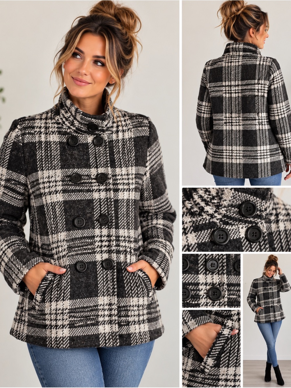 Keren Hart 100% Wool Black Cream Plaid Peacoat Jacket XL